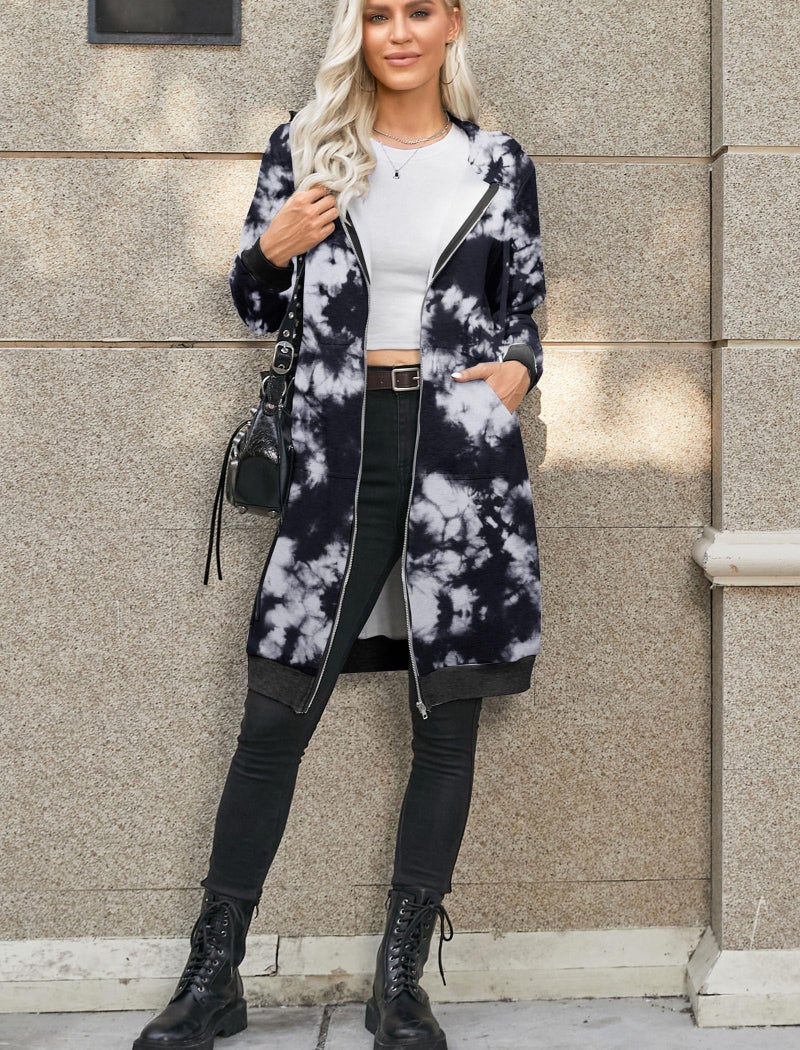 ELESOL Womens Active Long Sleeve Zip Up Hoodies with Pocket Hooded Sweatshirts Jackets Tie Dye Black M - Image 4