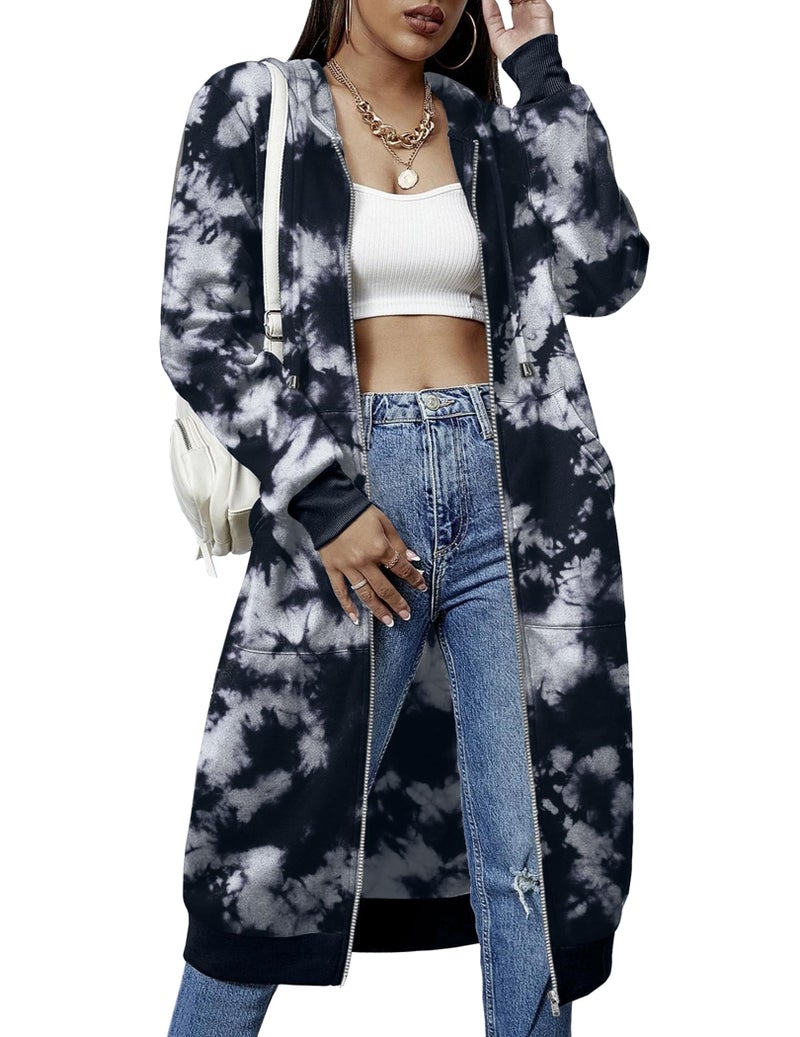 ELESOL Womens Active Long Sleeve Zip Up Hoodies with Pocket Hooded Sweatshirts Jackets Tie Dye Black M - Image 1