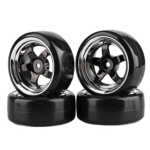 Shaluoman Plating 5Spoke 12mm Hub Wheel Rims with Hard Plastic Tires for RC 110 Drift Car Color Black 110 RC Tires and Wheels for 110 Redcat HSP HPI RC Drift Cars - Image 1