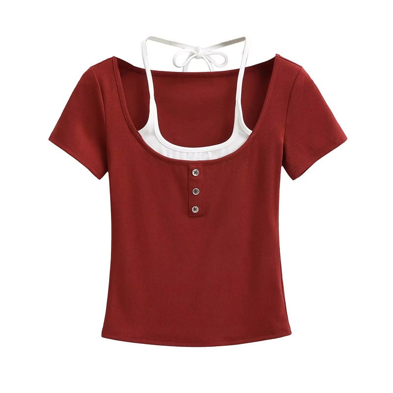 American Spice Girls Color-Block Metal Button Design Hanging Neck Short-Sleeved T-Shirt Fake Two-Piece Slim-Fit Bottoming Top Ins - Image 1