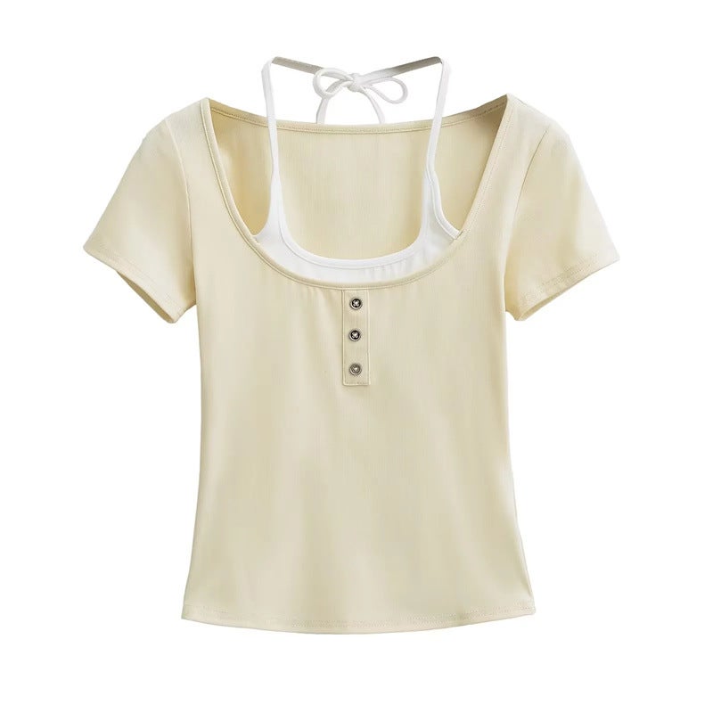 American Spice Girls Color-Block Metal Button Design Hanging Neck Short-Sleeved T-Shirt Fake Two-Piece Slim-Fit Bottoming Top Ins - Image 3