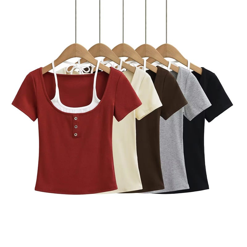 American Spice Girls Color-Block Metal Button Design Hanging Neck Short-Sleeved T-Shirt Fake Two-Piece Slim-Fit Bottoming Top Ins - Image 2