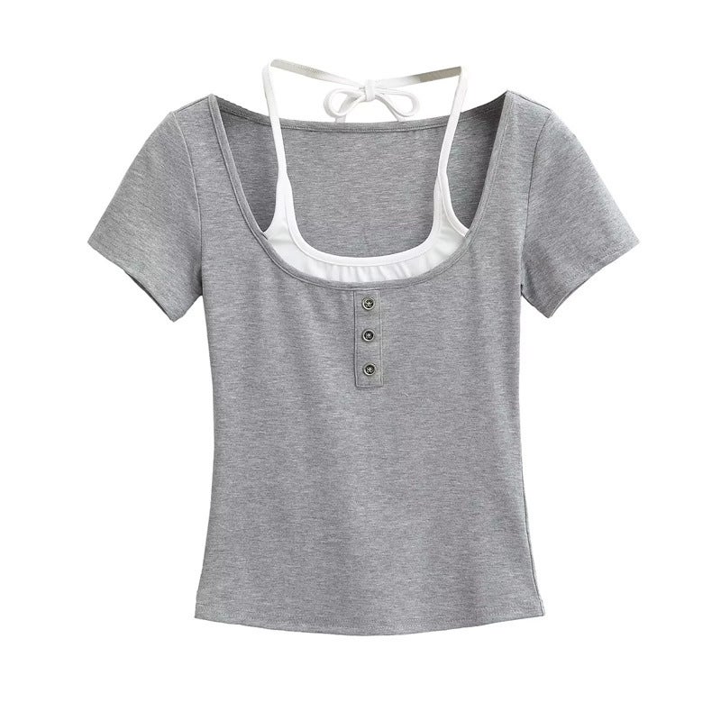American Spice Girls Color-Block Metal Button Design Hanging Neck Short-Sleeved T-Shirt Fake Two-Piece Slim-Fit Bottoming Top Ins - Image 5