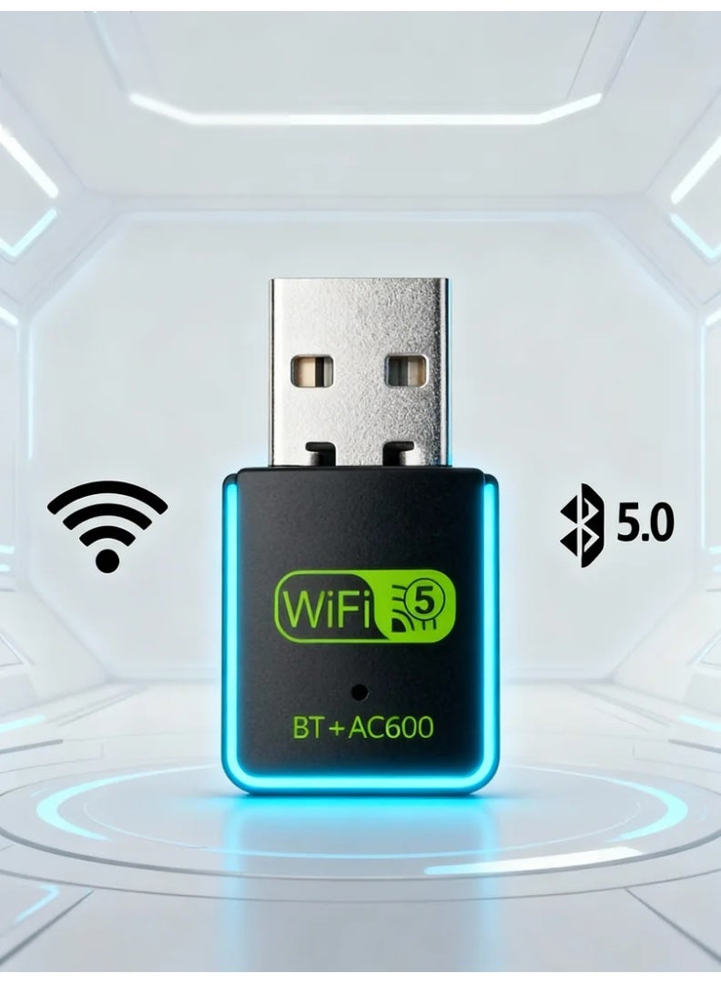 robotgcc 600Mbps Dual-Band WiFi 5 + Bluetooth 5.0 USB Adapter | AC600 2-in-1 Wireless Dongle with RTL8821 High-Performance Chip | 2.4G & 5G Fast WiFi Receiver/Transmitter | Driver-Free Plug & Play USB Network Card for PC Laptop Desktop | Stable Low-Latency Connection for Gaming, Streaming, Office, Smart Devices - Image 1