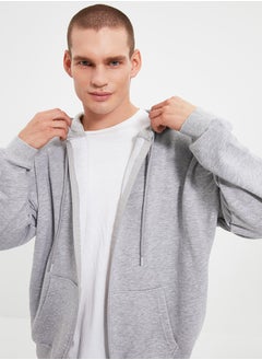 trendyol Gray Basic Oversize/Wide Cut Zippered Hooded Thick Sweatshirt-Cardigan TMNAW22SW0620  - Image 1