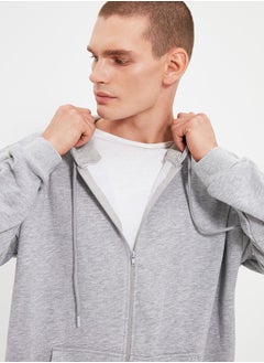 trendyol Gray Basic Oversize/Wide Cut Zippered Hooded Thick Sweatshirt-Cardigan TMNAW22SW0620  - Image 3