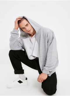 trendyol Gray Basic Oversize/Wide Cut Zippered Hooded Thick Sweatshirt-Cardigan TMNAW22SW0620  - Image 2