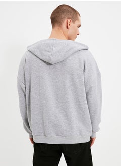 trendyol Gray Basic Oversize/Wide Cut Zippered Hooded Thick Sweatshirt-Cardigan TMNAW22SW0620  - Image 5