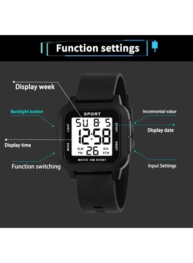 ساعة رياضية - ساعة متعددة الوظائف مقاومة للماء حتى 30 مترًا مع إضاءة، مضادة للصدمات، مؤقت رياضي، منبه للكبار والأطفال - Image 2