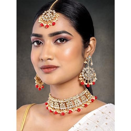 Aheli Elegant Indian Faux Kundan Studded Choker Necklace with Maang Tikka Set Ethnic Wedding Wear Fashion Jewelry for Women Red - Image 3