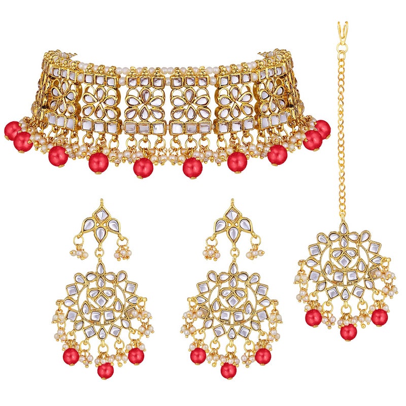 Aheli Elegant Indian Faux Kundan Studded Choker Necklace with Maang Tikka Set Ethnic Wedding Wear Fashion Jewelry for Women Red - Image 2