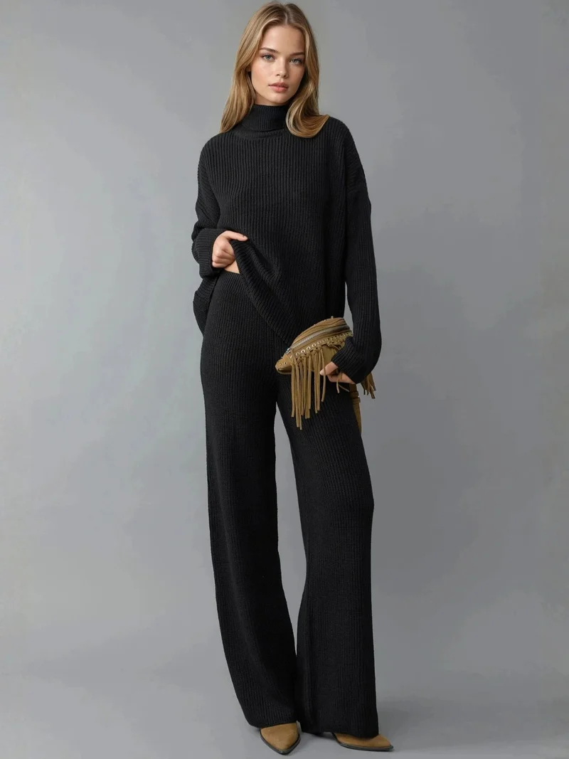 MY FASHION MY FASHION Oversized Ribbed Knitwear Co-Ord Set with Half Turtleneck