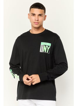 Men Crew Neck Long Sleeves Graphic Print T-Shirt, Black
