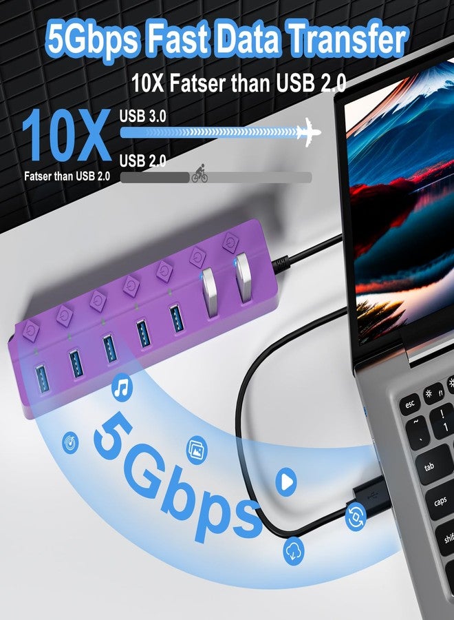 ONFINIO USB Hub 3.0, 7-Port USB Hub Splitter with Individual On/Off Switches and Lights, 3.2ft/1m Long Cable Compatible with MacBook, Laptop, Surface Pro, PS4, PC, Flash Drive, Mobile HDD-Purple - Image 2