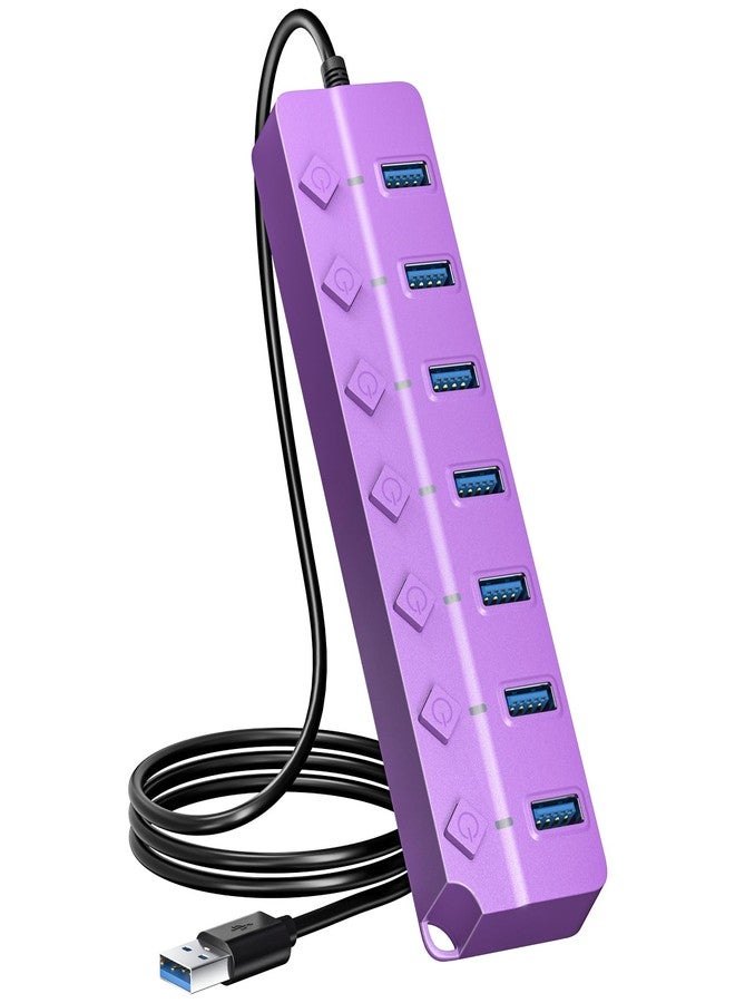 ONFINIO USB Hub 3.0, 7-Port USB Hub Splitter with Individual On/Off Switches and Lights, 3.2ft/1m Long Cable Compatible with MacBook, Laptop, Surface Pro, PS4, PC, Flash Drive, Mobile HDD-Purple - Image 1