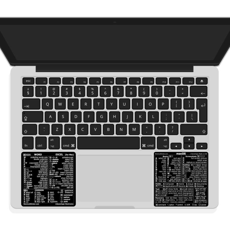 SYNERLOGIC Mac OS (M/Intel) + Word/Excel (for Mac) Quick Reference Keyboard Shortcut Stickers - for MacBook Air/Pro/iMac/Mac/mini (Black) - Image 1