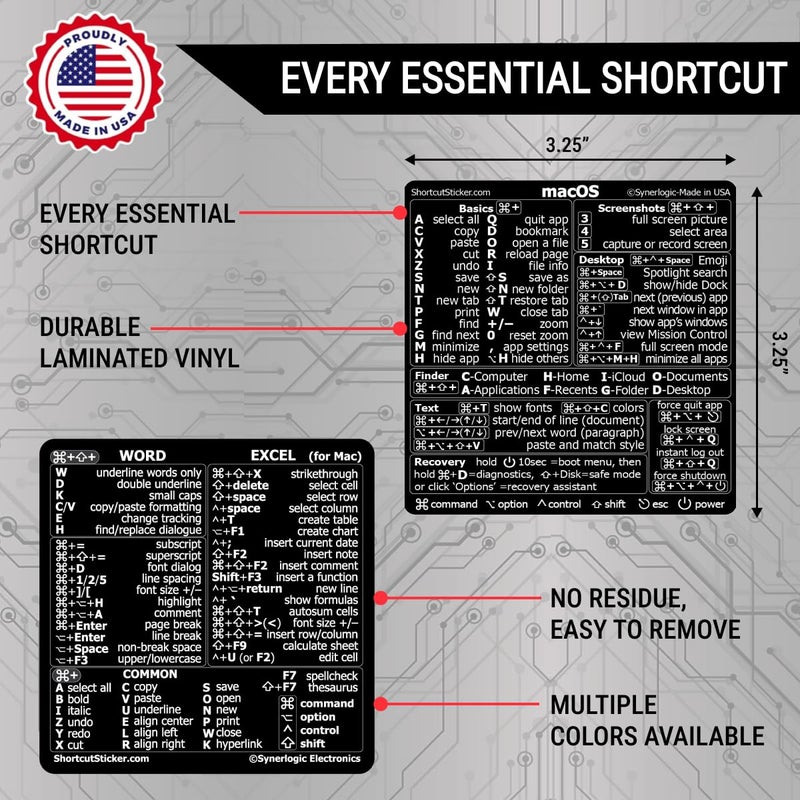 SYNERLOGIC Mac OS (M/Intel) + Word/Excel (for Mac) Quick Reference Keyboard Shortcut Stickers - for MacBook Air/Pro/iMac/Mac/mini (Black) - Image 2