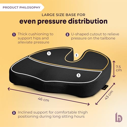 betterhood PosturePro Coccyx Seat Cushion for Tailbone Pain Relief, Anti Slip Orthopedic Ergonomic Office Chair Memory Foam Sitting Pillow for Sciatica Pain Relief, Cotton Cover (Large - Black) - Image 5