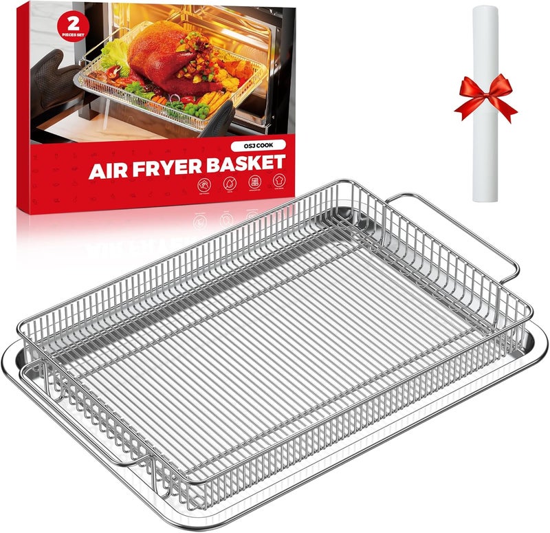 OSJ COOK Air Fryer Basket for Oven, Air Fryer Basket and Stainless Steel Baking Tray Pant Oven Air Fryer Pan Rack for Cooking Baking Dishwasher and Broiling (13.9in * 8.8in &12.9 in * 9.7 in) - Image 1