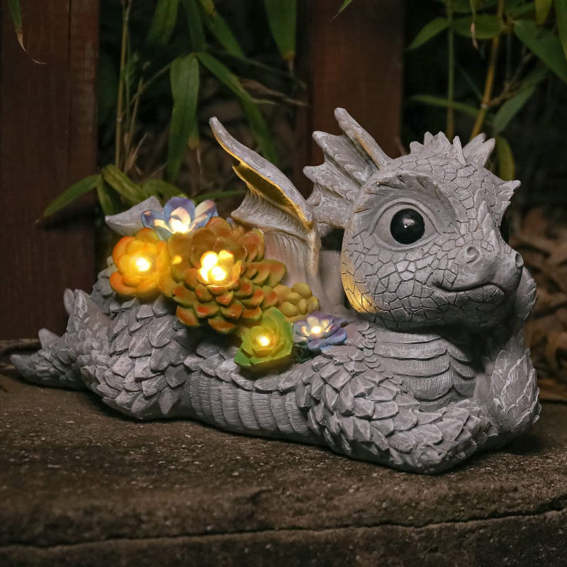 Ovewios Garden Dragon Statue Outdoor Decor Dragon Garden Sculpture Waterproof Solar LED Lights Resin Succulent Decorations for Outside Lawn Patio Patio Yard Ornament Gifts