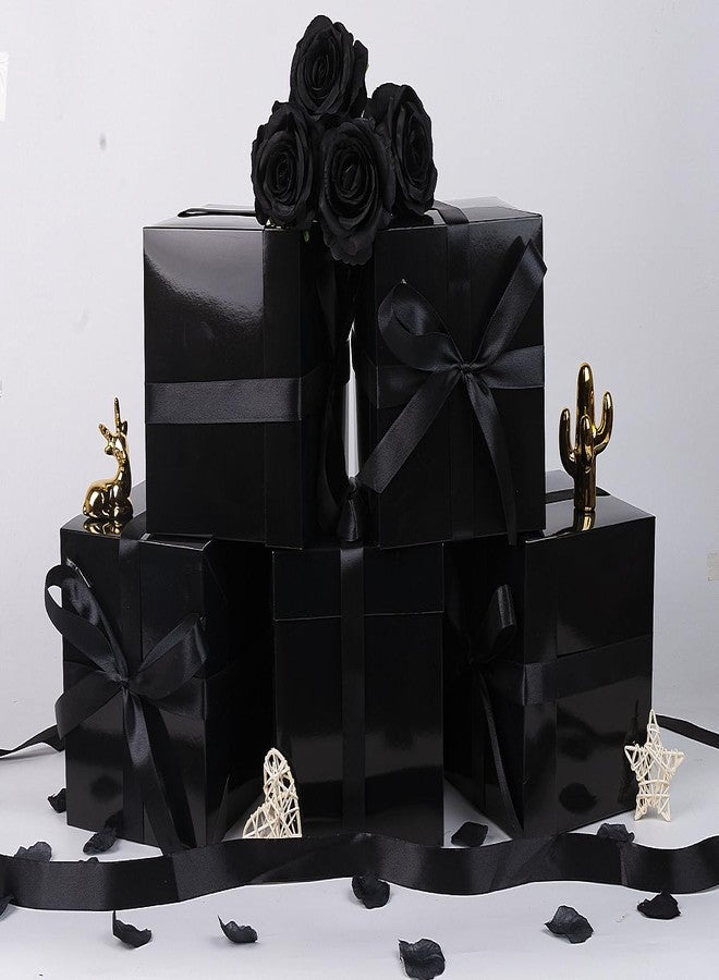Jaywayang 5 Pack Black Gift Boxes with Lids, Ribbons and Tissue Papers Square Gift Boxes - 7.1 Inch - Birthday, Wedding, Presents Wrapping, Father's Day, Valentine's Day Decoration Party Favor Boxes. - Image 3
