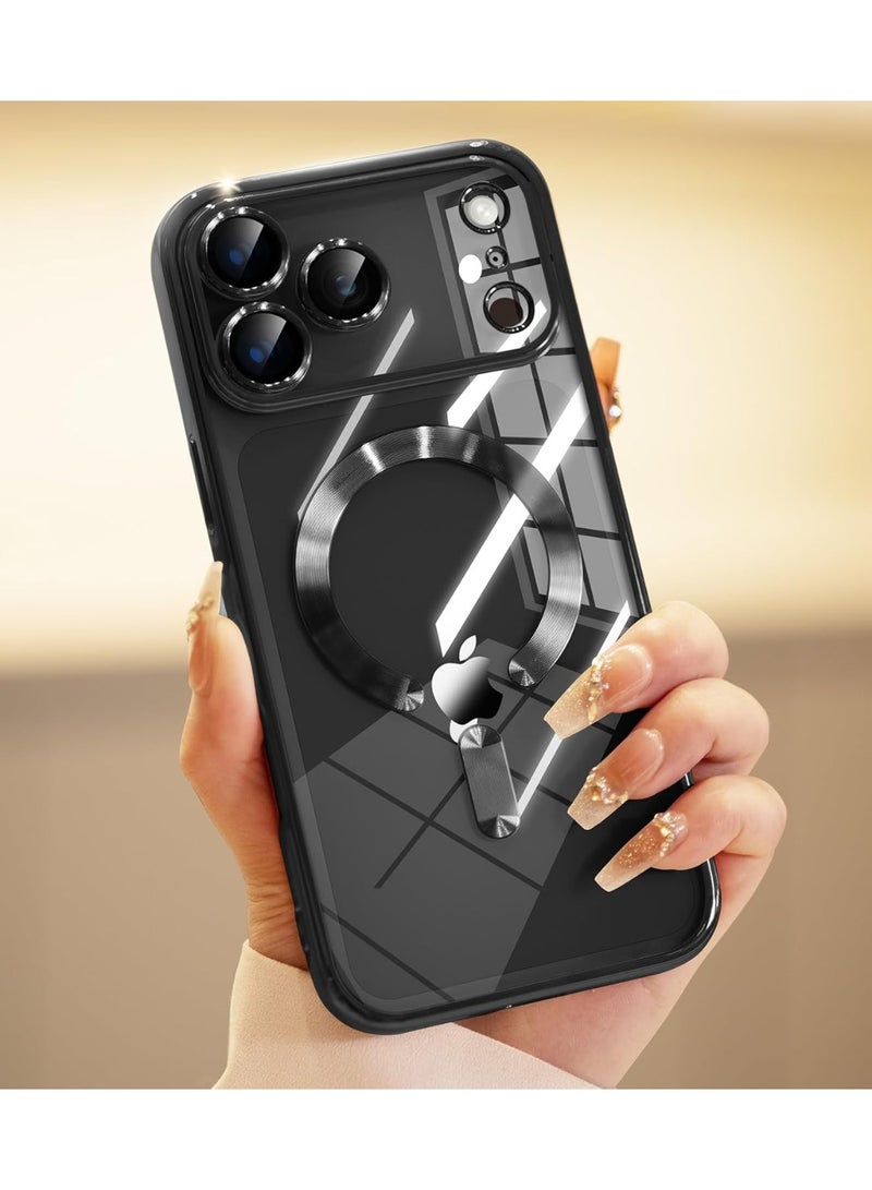 جراب مغناطيسي شفاف لهاتف آيفون 17 برو، متوافق مع ماج سيف، مزود بواقي عدسة كاميرا مدمج، غطاء هاتف ناعم ونحيف لهاتف آيفون 17 برو - أسود