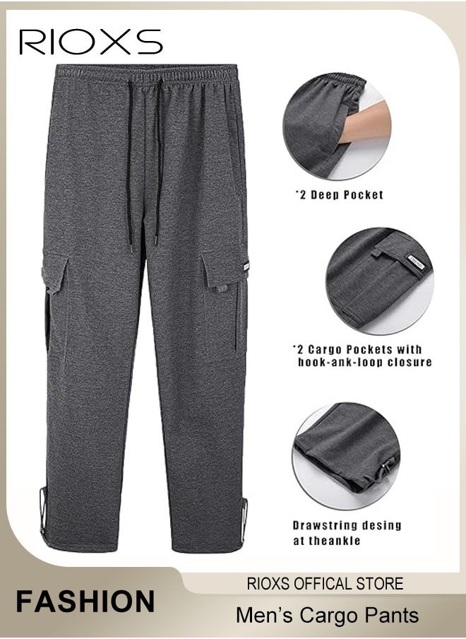RIOXS - Men's Cargo Pants, Relaxed Fit Drawstring Elastic Waist Joggers, Comfy Hiking Sweatpants For Men, Breathable Sports Athletic Trousers With Multiple Pockets, Stretch Loose Trousers For Go-out Travel Or Daily Wear - Image 1