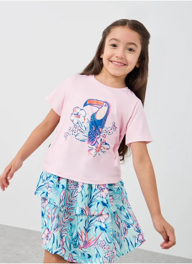 Styli Styli Graphic Print T-Shirt and Tiered Skirt Set