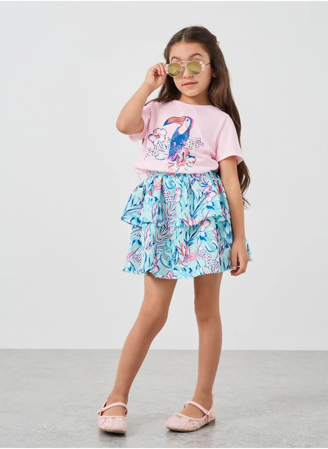 Styli Styli Graphic Print T-Shirt and Tiered Skirt Set