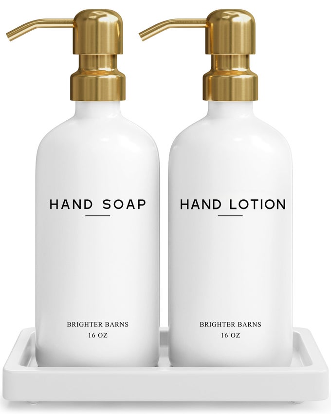 LUXURY GLASS SOAP AND LOTION DISPENSER SET WITH TRAY BY HAND SOAP DISPENSER BATHROOM SET STAINLESS STEEL PUMP FOR HOME OR AIRBNB WHITE AND GOLD BATHROOM ACCESSORIES DECOR GOLD