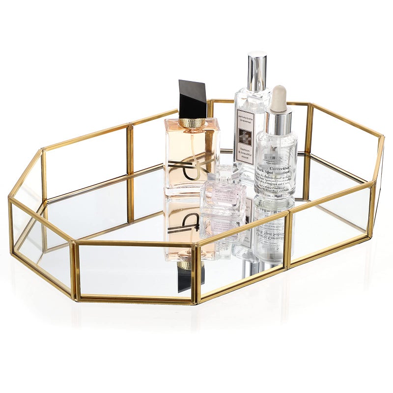 Hipiwe Gold Perfume Tray  Glass Mirror Makeup Tray Ornate Vanity Tray Dresser Tray Jewelry Trinket Organizer Tray for Bathroom Storage Tray for Home Decor124x 85