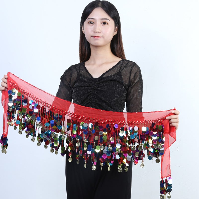 Belly dance waist chain hip towel skirt new Indian dance watch performance waist seal copper gong belt sequined tassel waist towel dance Red