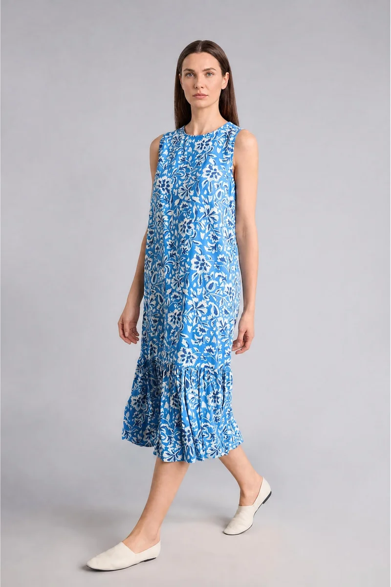ديفاكتو Regular Fit Crew Neck Blue Printed Dress