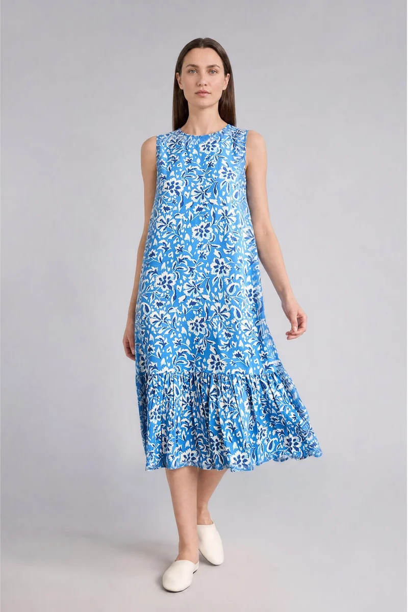 ديفاكتو Regular Fit Crew Neck Blue Printed Dress