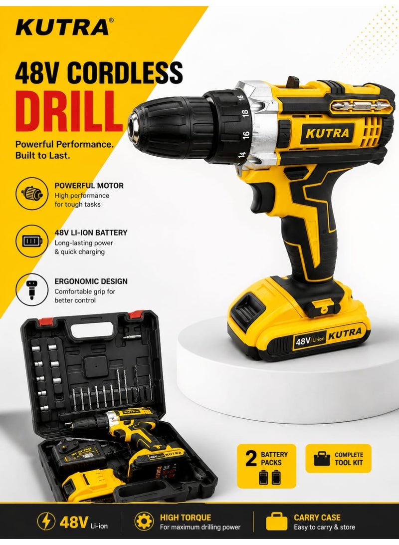 KUTRA 48V Cordless Drill Kit – 21+1 Torque Settings, 2 Batteries, Charger & Carry Case - Image 1