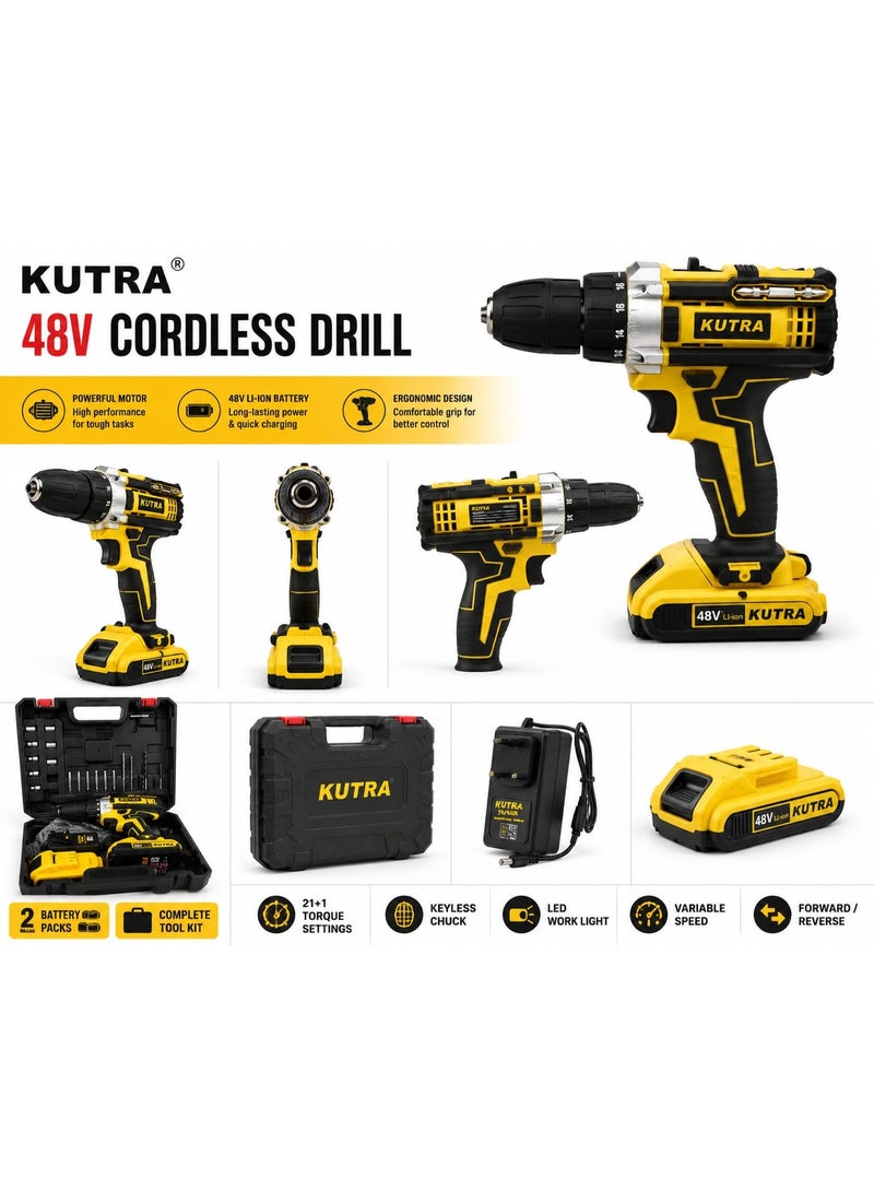 KUTRA 48V Cordless Drill Kit – 21+1 Torque Settings, 2 Batteries, Charger & Carry Case - Image 2