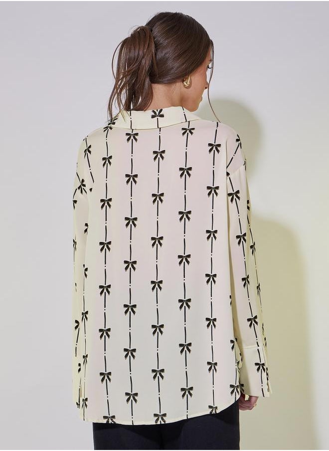 Bow Print Button Down Oversized Shirt