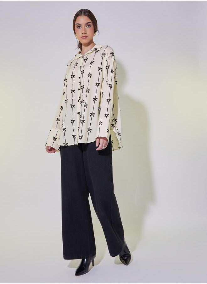 Bow Print Button Down Oversized Shirt