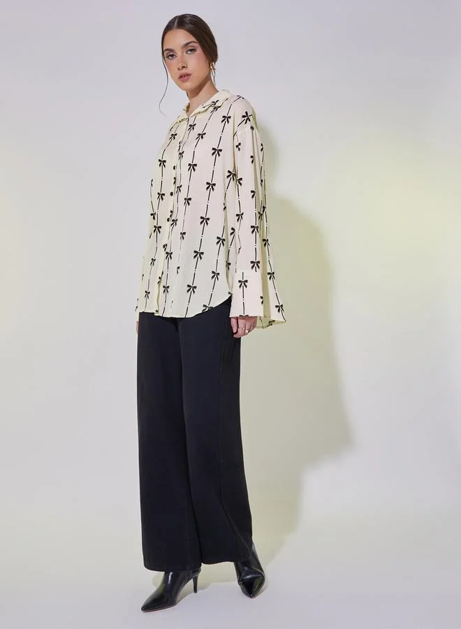 Take Two Bow Print Button Down Oversized Shirt
