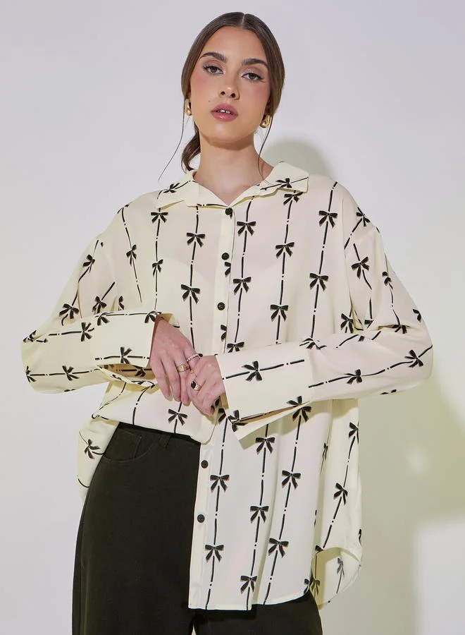 Take Two Bow Print Button Down Oversized Shirt
