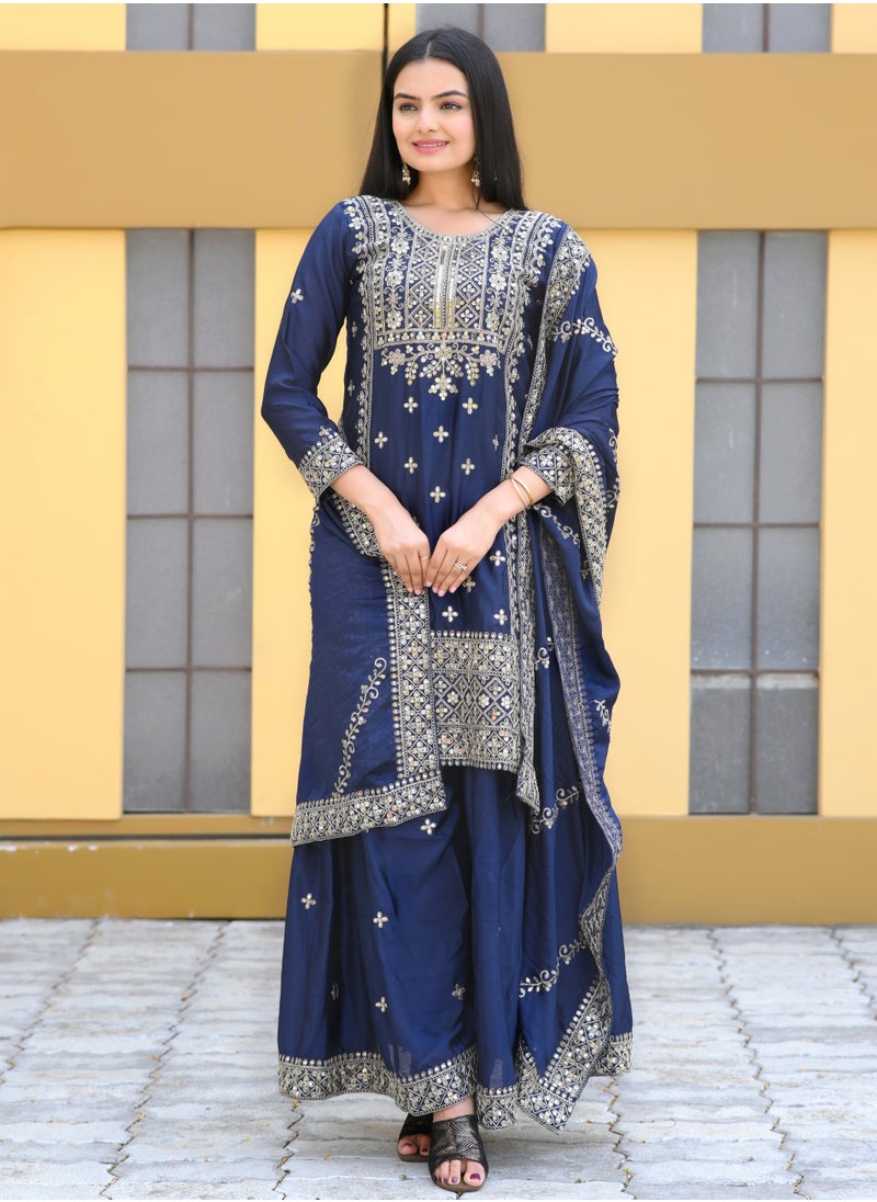 Super Asian Elegant Chinnon Top with Coding Embroidery & 5mm Sequence Work, Paired with Chinnon Sharara & Dupatta – Complete Traditional Set  - Image 1