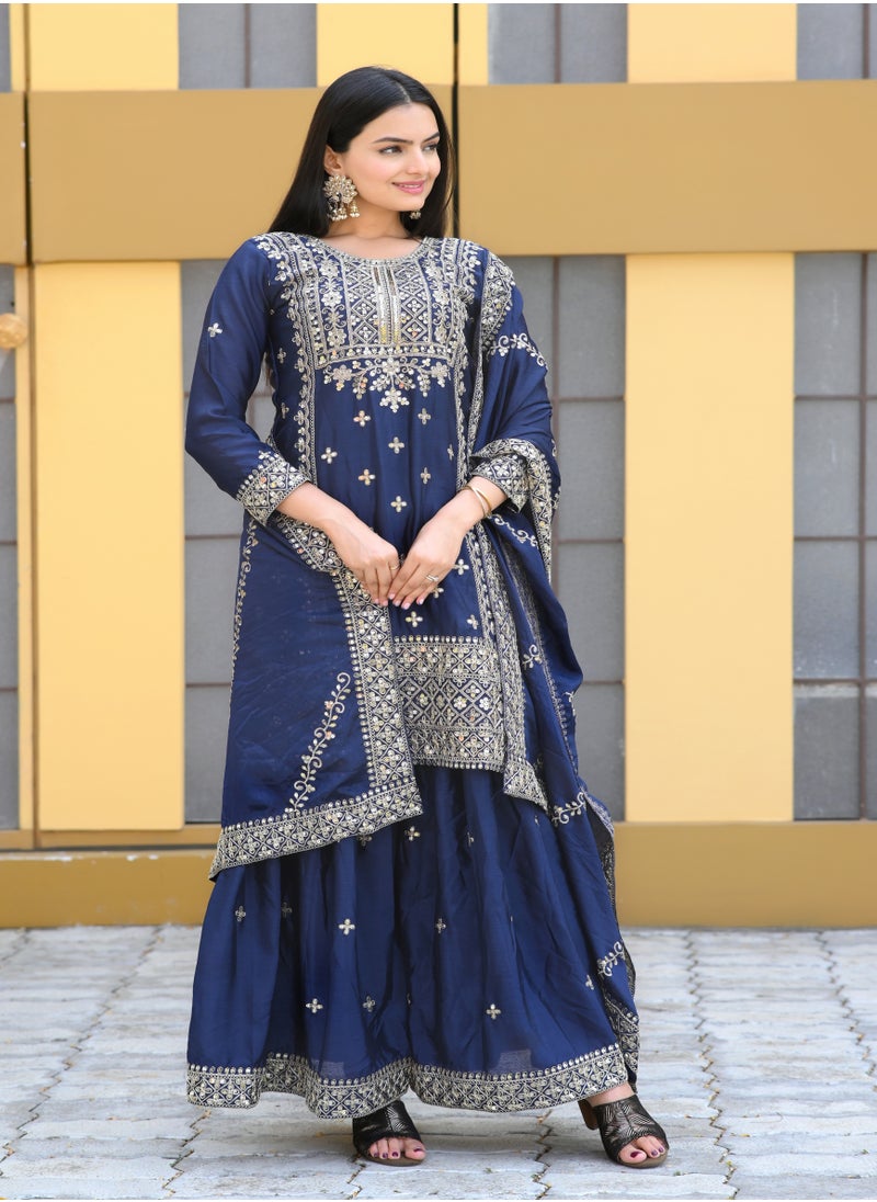 Super Asian Elegant Chinnon Top with Coding Embroidery & 5mm Sequence Work, Paired with Chinnon Sharara & Dupatta – Complete Traditional Set  - Image 2