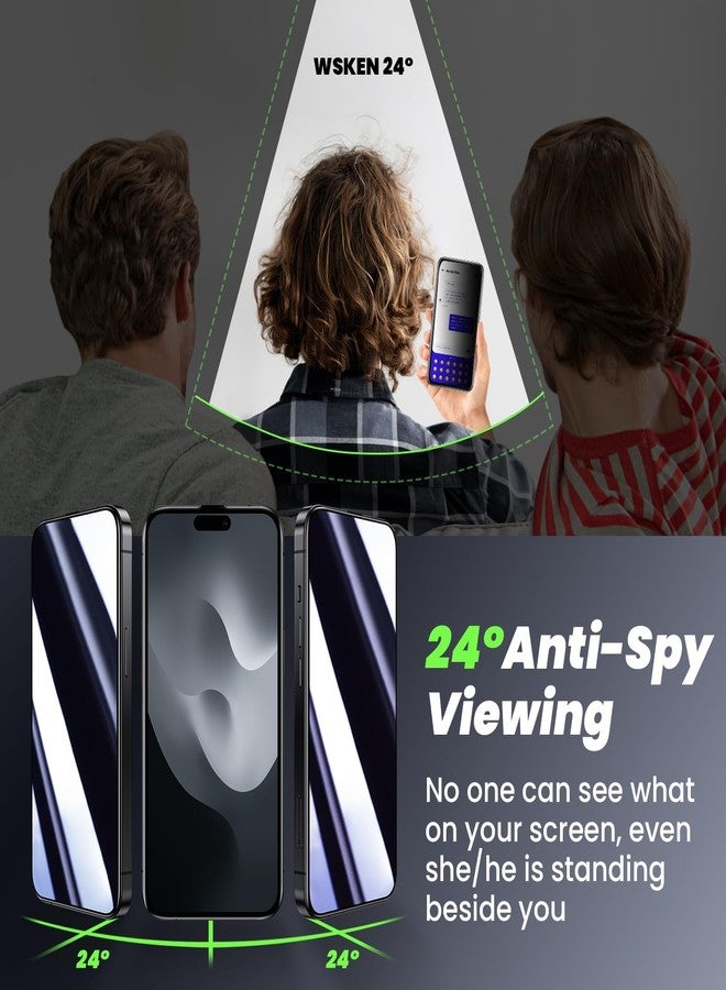 WSKEN for iPhone 15 Pro Privacy Screen Protector [24°Anti Spy][Zero Bubble][Auto Dust-Remove] Anti Glare Full Coverage Tempered Glass Diamonds Hard HD Anti Peep Film - 2 Pack - Image 2