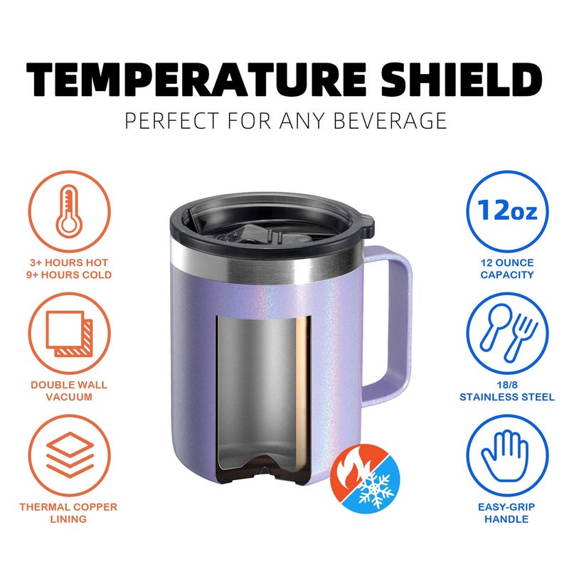 ALOUFEA 12oz Stainless Steel Insulated Coffee Mug with Handle  Double Wall Vacuum Travel Mug  Tumbler Cup with Sliding Lid  GLITTER LAVENDER - Image 4