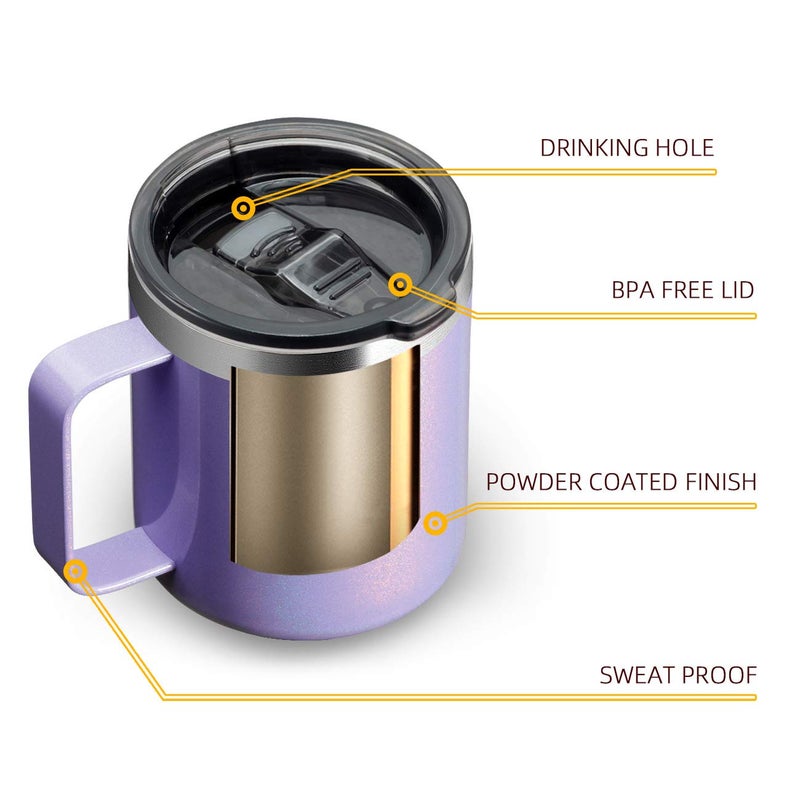 ALOUFEA 12oz Stainless Steel Insulated Coffee Mug with Handle  Double Wall Vacuum Travel Mug  Tumbler Cup with Sliding Lid  GLITTER LAVENDER - Image 3