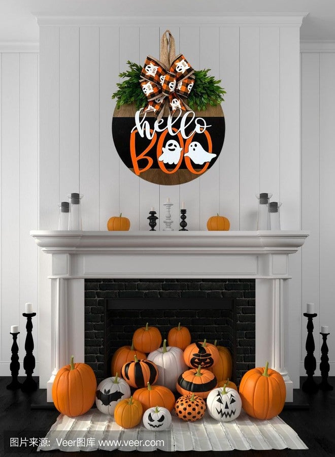 Apear1 Halloween Welcome Door Sign Decorations, Cute Ghost Hanger Sign for Front Door, Halloween Wooden Wreath with Bow for Farmhouse Porch Home Outdoor Wall Decor (Hello Boo) - Image 5