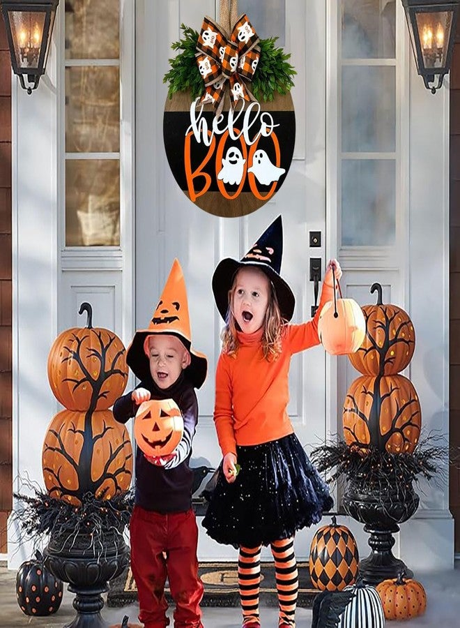 Apear1 Halloween Welcome Door Sign Decorations, Cute Ghost Hanger Sign for Front Door, Halloween Wooden Wreath with Bow for Farmhouse Porch Home Outdoor Wall Decor (Hello Boo) - Image 2