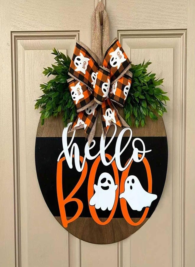 Apear1 Halloween Welcome Door Sign Decorations, Cute Ghost Hanger Sign for Front Door, Halloween Wooden Wreath with Bow for Farmhouse Porch Home Outdoor Wall Decor (Hello Boo) - Image 1