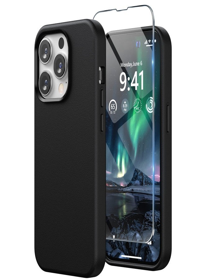 SURPHY Faux Leather Designed for iPhone 14 Pro Case with Screen Protector (6.1 inch), Metallic Buttons & Microfiber Lining Leather Phone Case for 14 Pro, Black - Image 1