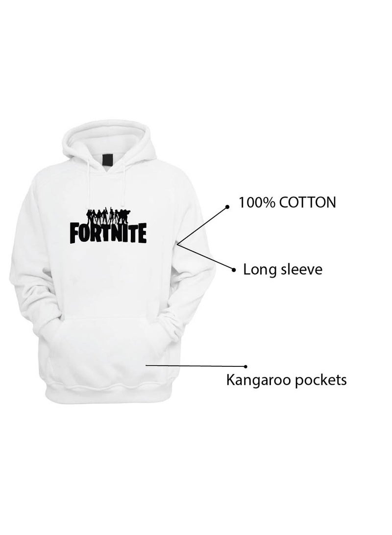 Men’s Fortnite Gaming Hoodie–White Cotton Pullover With Game Print–Long Sleeve Sweatshirt With Hood & Pocket–Ideal For Gamers & Travel Wear